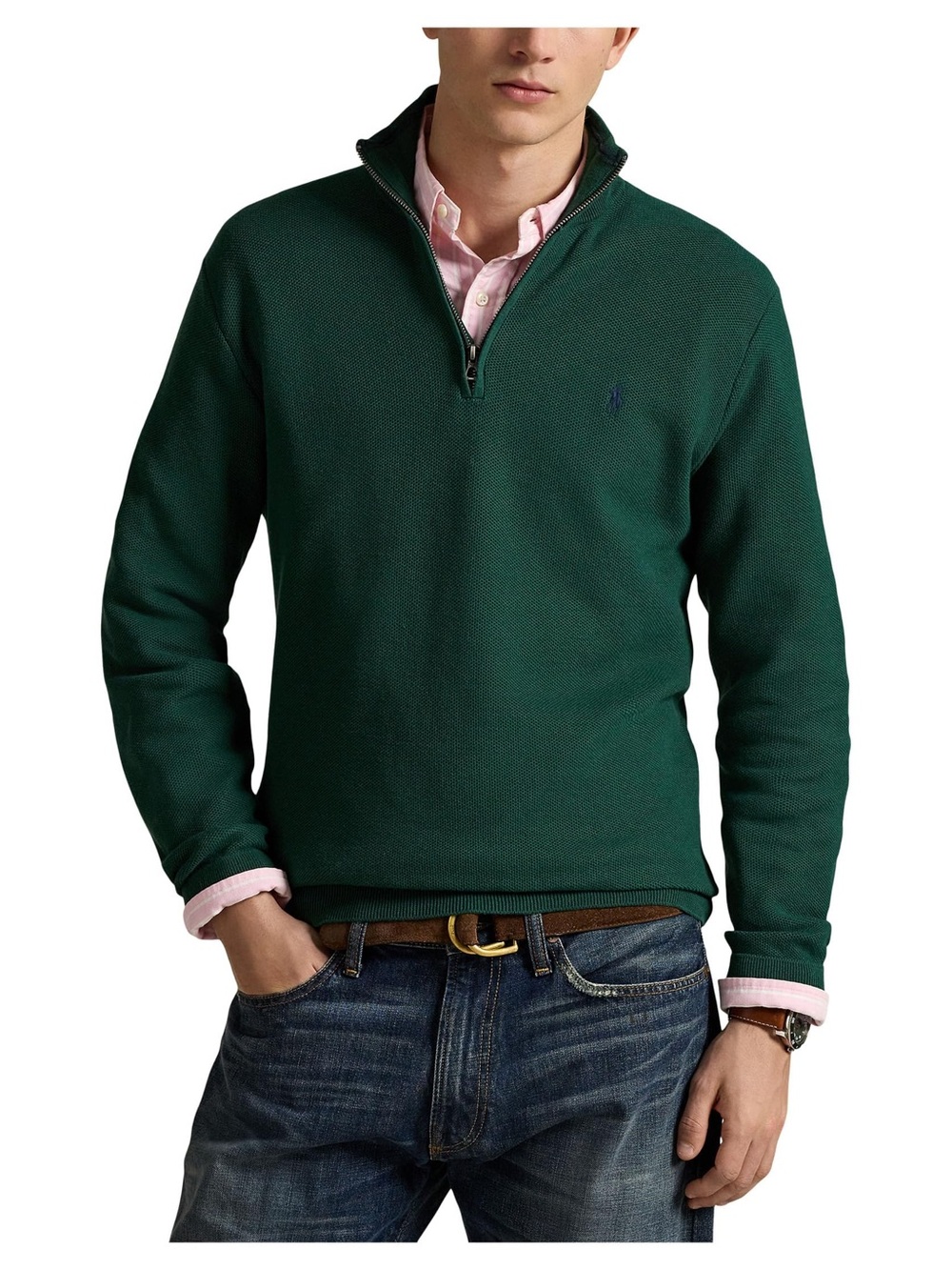 POLO RALPH LAUREN Mens Mesh-Knit Cotton 1/4 Zip Sweater Vintage Pine Large
